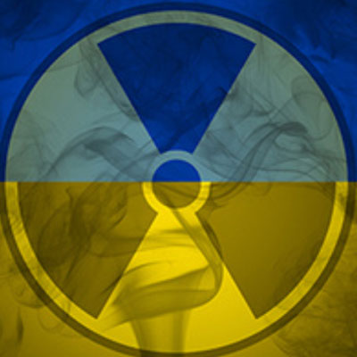 An nuclear symbol in the colors of the Ukrainian flag