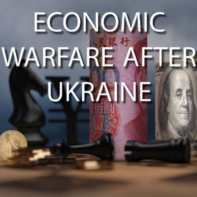 Different objects that symbolize economic warfare, such as money and chess pieces