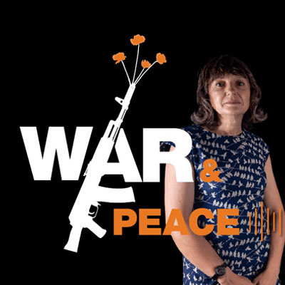 The war and peace logo with Olga Oliker standing in the background
