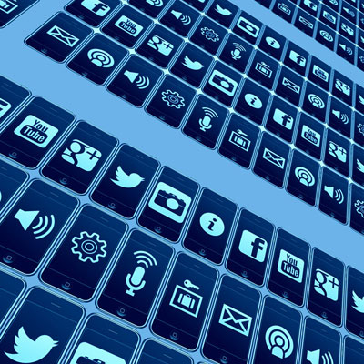 A digitally created "wall" of popular social media application icons