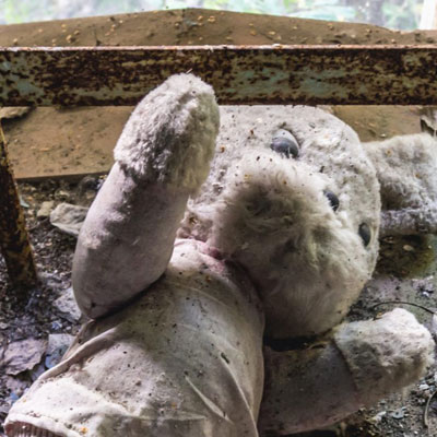 Stuffed animal lying in debris