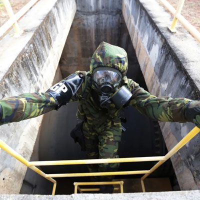 A Brazilian soldier training for a radiological weapons attack