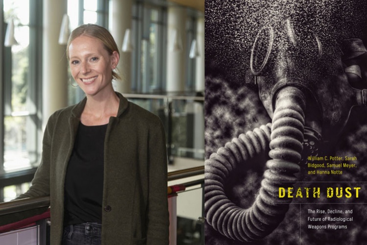 Sarah Bidgood posing, pictured next to her book cover for Death Dust