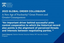 Banner with key quote from Sarah Bidgood's colloguium on arms control cooperation