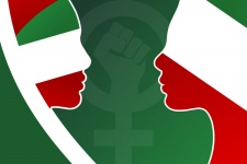 silhouettes of two people in the colors of the Iranian flag with a feminist strength symbol in the background