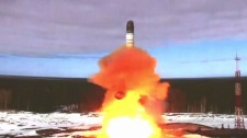 A still from a video of the launch of a nuclear-capable ballistic missile