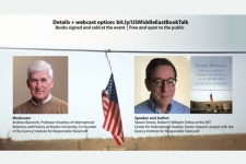 Speaker Steve Simon and Moderator Andrew Bacevich headshots over a picture of the American flag hanging from a wire