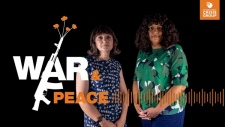 The war and peace logo with Olga Oliker standing in the background next to a colleague