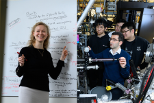 Split Image of Mariya Grinberg in front of a whiteboard, and a group of students