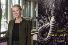 Sarah Bidgood posing, pictured next to her book cover for Death Dust