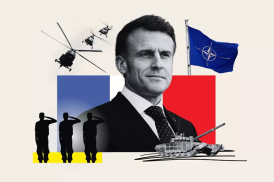 French President Emmanuel Macron is seen alongside a NATO flag and military forces in this Newsweek illustration. Photo-illustration by Newsweek/Getty