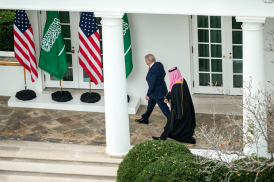 President Donald Trump and Saudi Crown Prince Mohammed bin Salman walk together at the White House on Nov. 18, 2025. Photo credit: Molly Riley/White House via Flickr; Public Domain.
