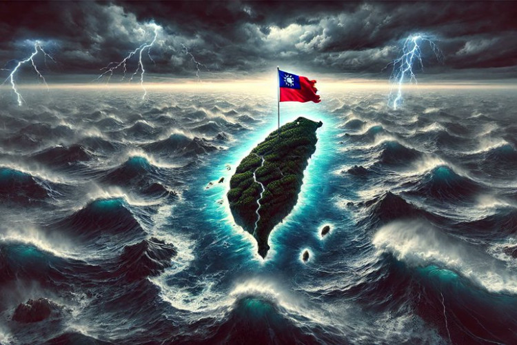 Country of Taiwan, with flag, amidst a stormy sea 