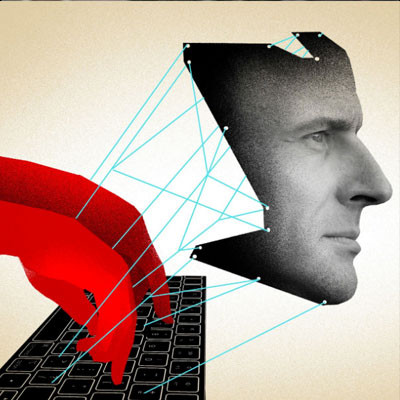 An illustration of a virtual face being created by someone&#039;s hands typing on a computer