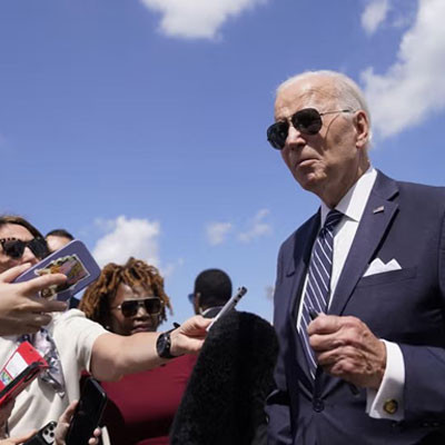 U.S. President Joe Biden speaks to the press on Thursday before departing for Camp David