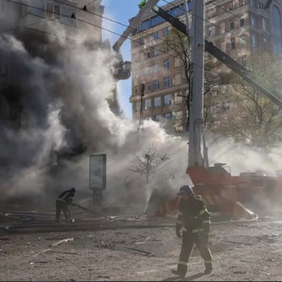 Putting out a fire after a Russian drone attack in Kyiv