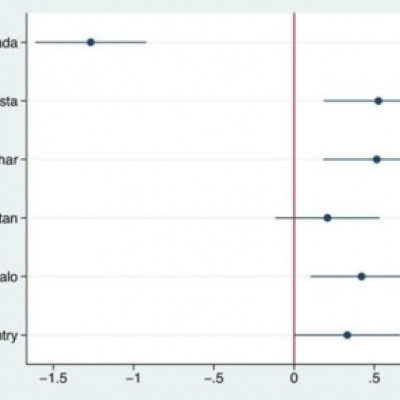 A graph showing response effect estimates and confidence intervals of treatment groups for different countries