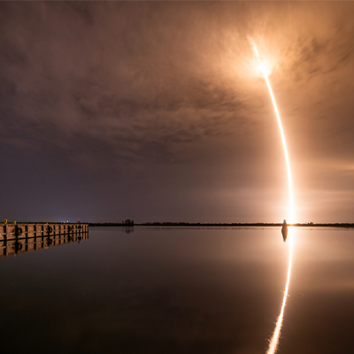 A Falcon 9 rocket carrying 27 Starlink satellites launches from Cape Canaveral, FL, on June 28, 2025. Photo credit: U.S. Space Force photo by Robert Mason via DVIDS; Public Domain.