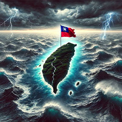 Country of Taiwan, with flag, amidst a stormy sea 