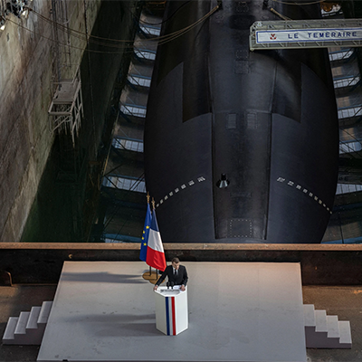 French President Emmanuel Macron during his speech at the Nuclear submarines Navy base of Ile Longue in Crozon, near Brest, France. March, 2026. Image credits: Alamy/Abaca Press