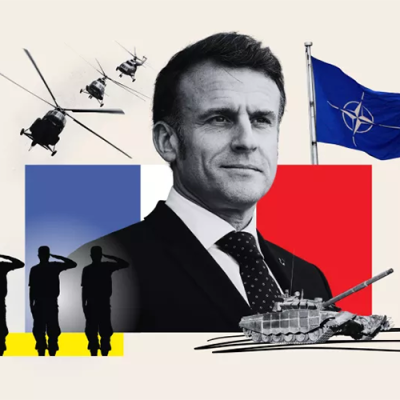 French President Emmanuel Macron is seen alongside a NATO flag and military forces in this Newsweek illustration. Photo-illustration by Newsweek/Getty