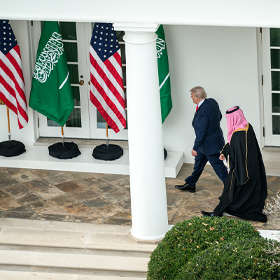 President Donald Trump and Saudi Crown Prince Mohammed bin Salman walk together at the White House on Nov. 18, 2025. Photo credit: Molly Riley/White House via Flickr; Public Domain.