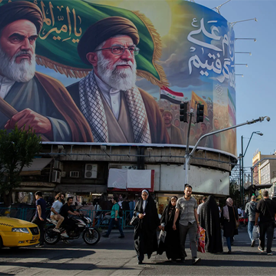 A painting of Iran’s first two supreme leaders in Tehran this month. The second, Ayatollah Ali Khamenei, was killed at the start of the U.S.-Israeli campaign against Iran this year. Credit: Arash Khamooshi/Polaris for The New York Times