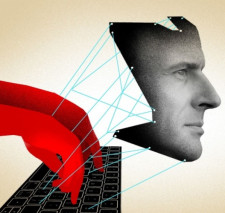 An illustration of a virtual face being created by someone&#039;s hands typing on a computer