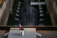 French President Emmanuel Macron during his speech at the Nuclear submarines Navy base of Ile Longue in Crozon, near Brest, France. March, 2026. Image credits: Alamy/Abaca Press