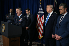 US President Donald Trump (2R) looks on as Chairman of the Joint Chiefs of Staff General Dan Caine (2L) speaks to the press following US military actions in Venezuela, at Trump's Mar-a-Lago residence in Palm Beach, Florida, on January 3, 2026.